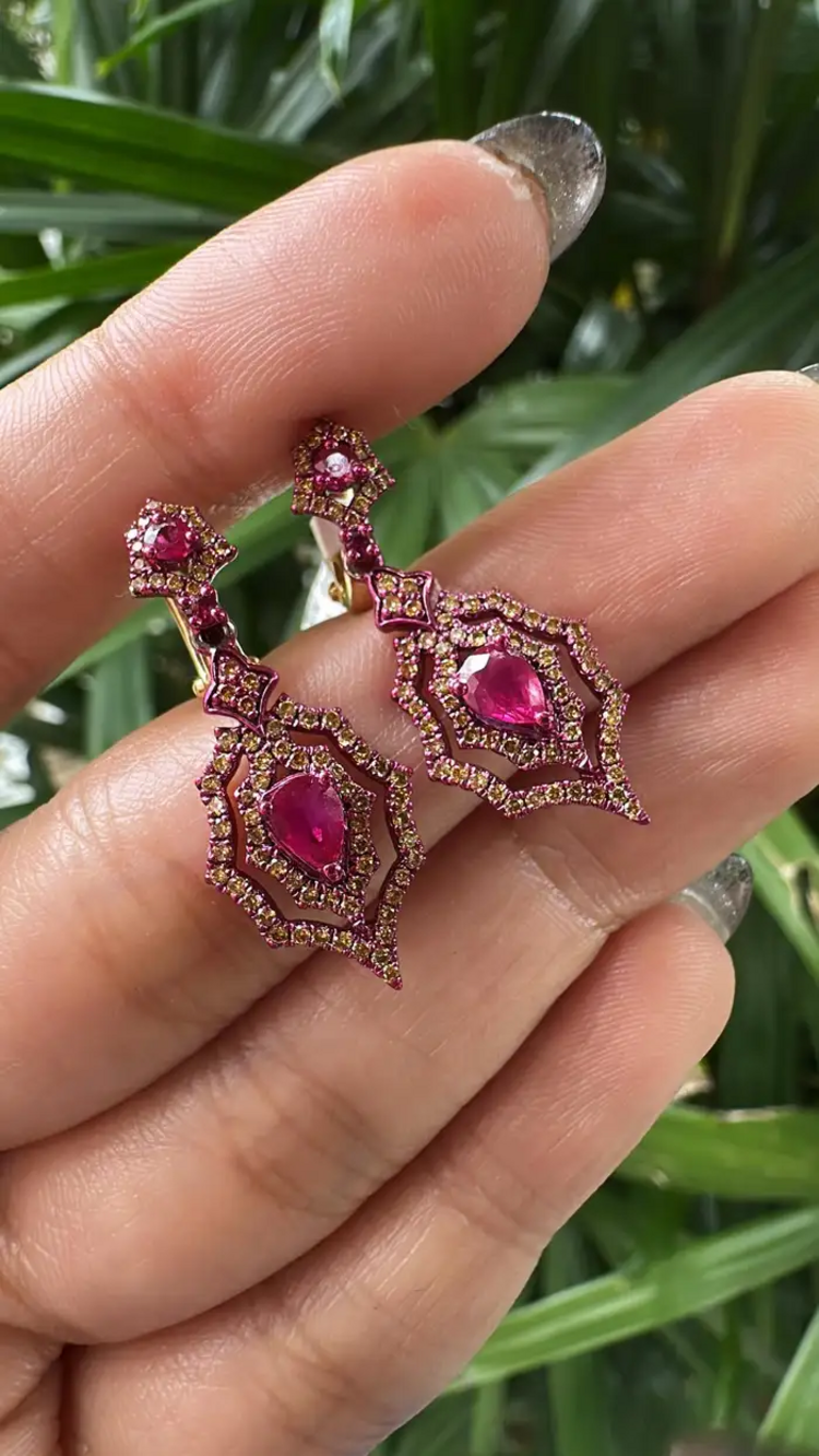 18k Gold Red Rhodium Diamond Dangle Earrings - Natural Mozambique Ruby Earrings
