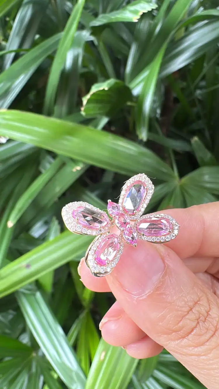 18k Rose Gold Butterfly Ring - Ceylon Pink Sapphire & Diamond Engagement Ring