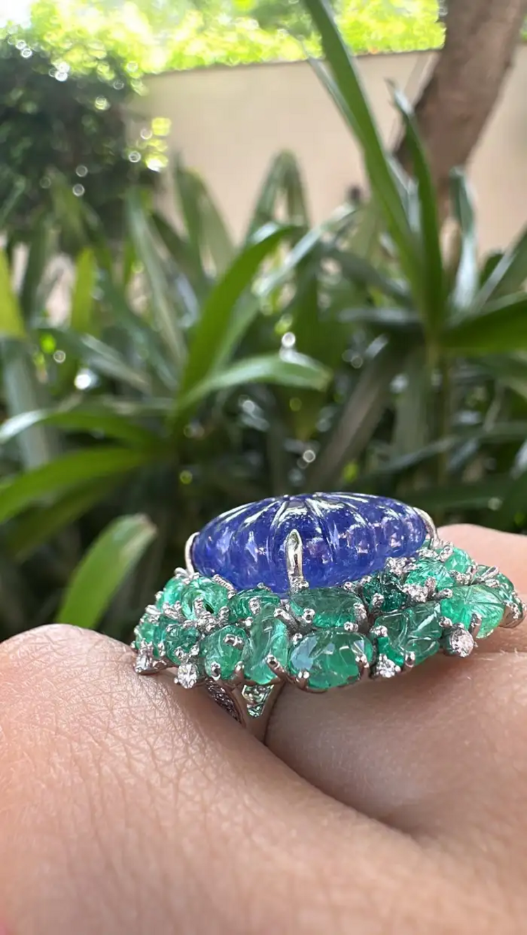 18k White Gold Diamond Statement Ring - Natural Tanzanite & Zambian Emerald Cocktail Ring