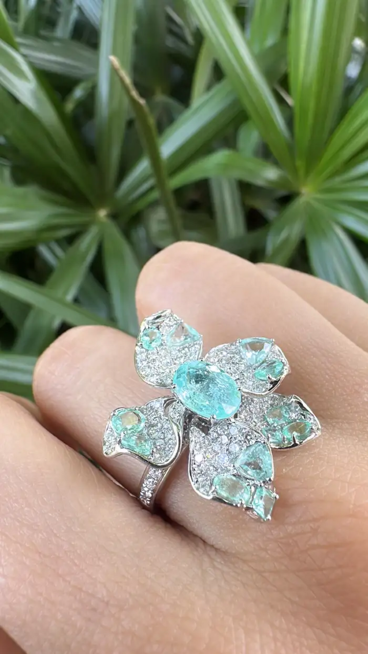 18k White Gold Diamond Cocktail Ring - Natural Paraiba Gemstone Wedding Ring