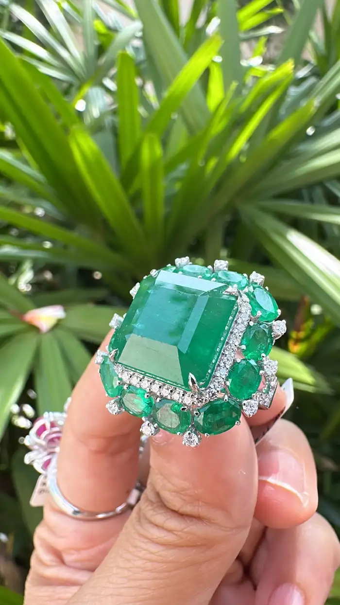 Natural Zambian Emerald & Diamond Wedding Anniversary Ring - 18k White Gold Handmade Women Ring