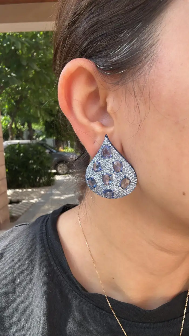 18k White Gold Diamond Earrings With Blue Rhodium - Natural Blue Sapphire Gemstone Earrings