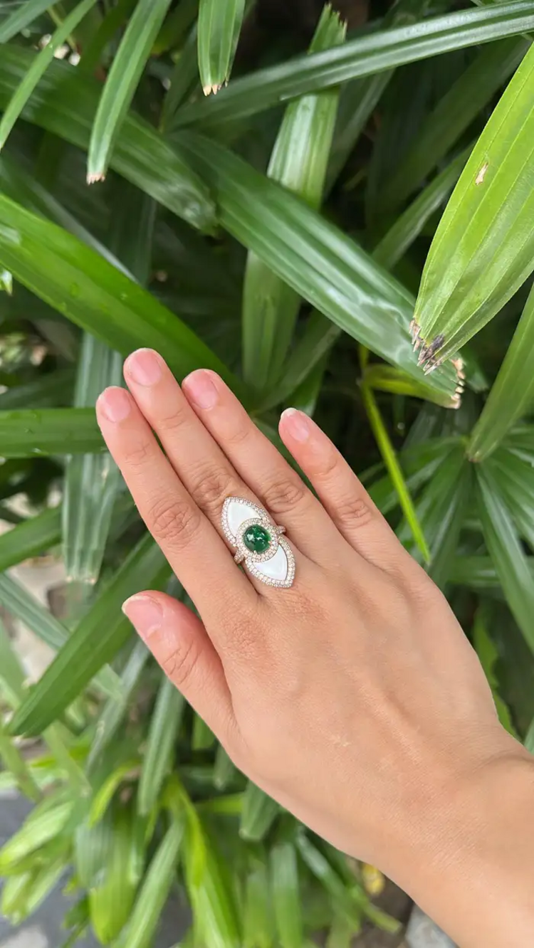 Natural Zambian Emerald & Mother Of Pearl Ring - 18k Yellow Gold Diamond Statement Ring