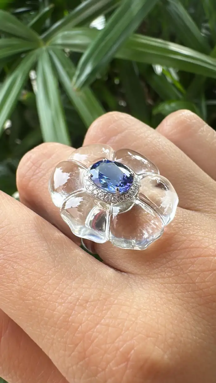 18k White Gold Diamond Cocktail Ring - Natural Tanzanite & Crystal Anniversary Gift Ring