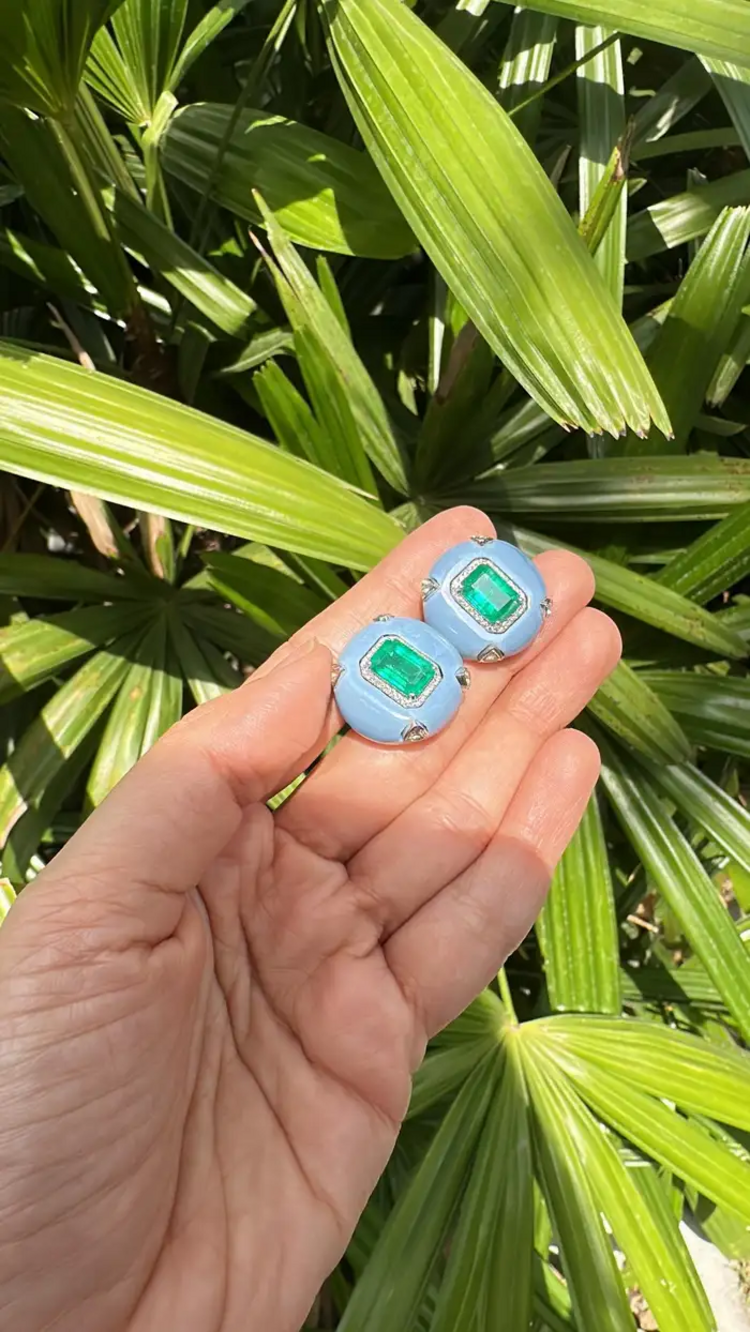 Natural Zambian Emerald & Blue Opal Stud Earrings - 18k White Gold Diamond Earrings