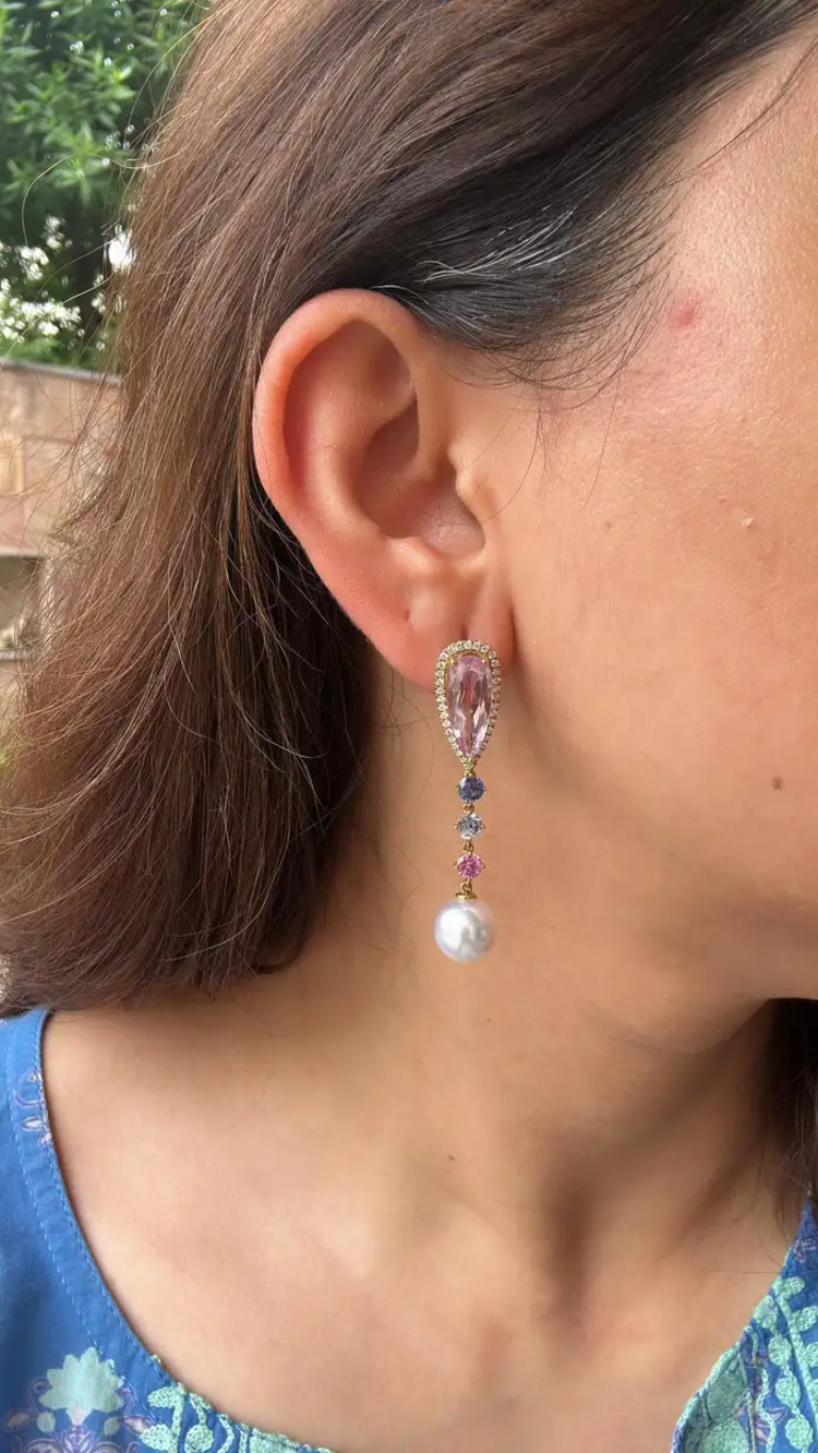 14.32 carat, Kunzite, Multi Sapphire, South Sea Pearl & Diamonds Dangle Earrings