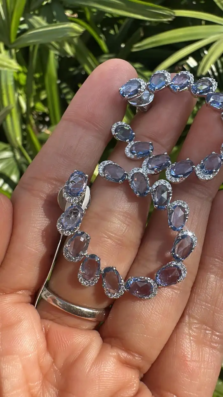 Natural Ceylon Blue Sapphire & Diamond Hoop Earrings - Solid 18k White Gold Handmade Earrings