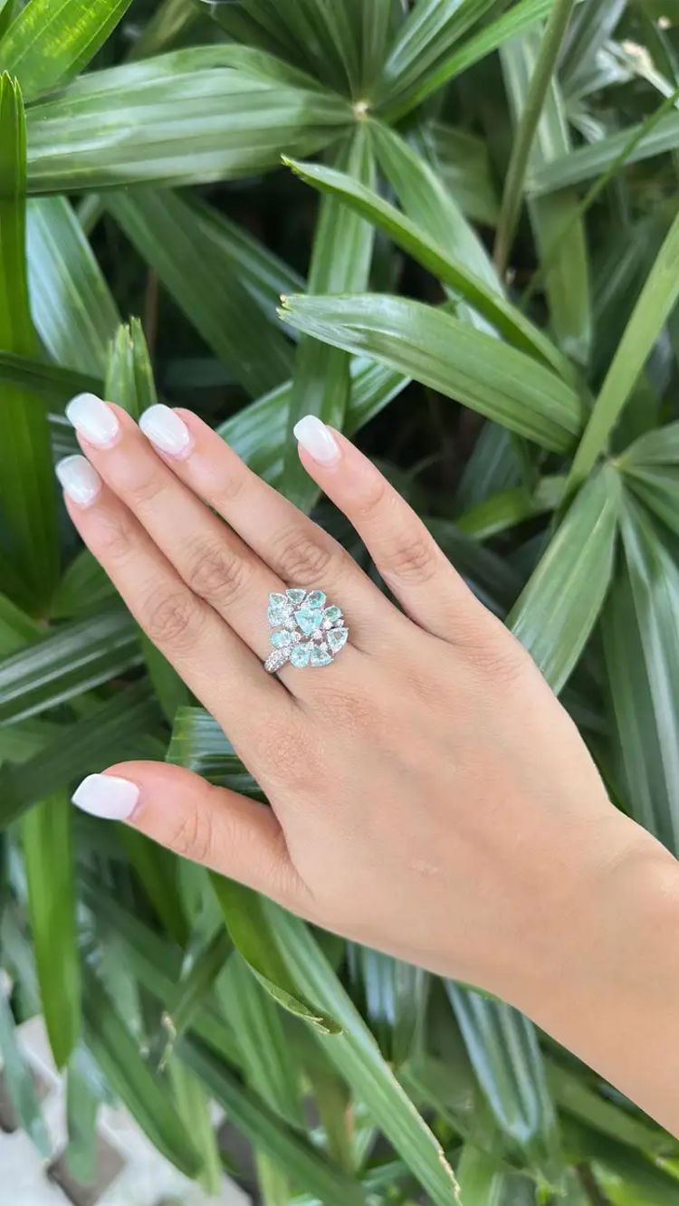 18k White Gold Diamond Wedding Ring - Natural Paraiba Gemstone Ring