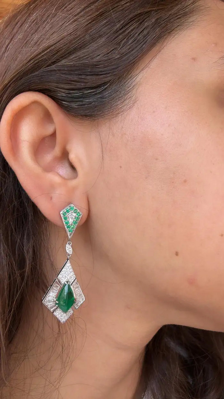 Natural Zambian Emerald Dangle Earrings - 18k White Gold Diamond Handmade Earrings