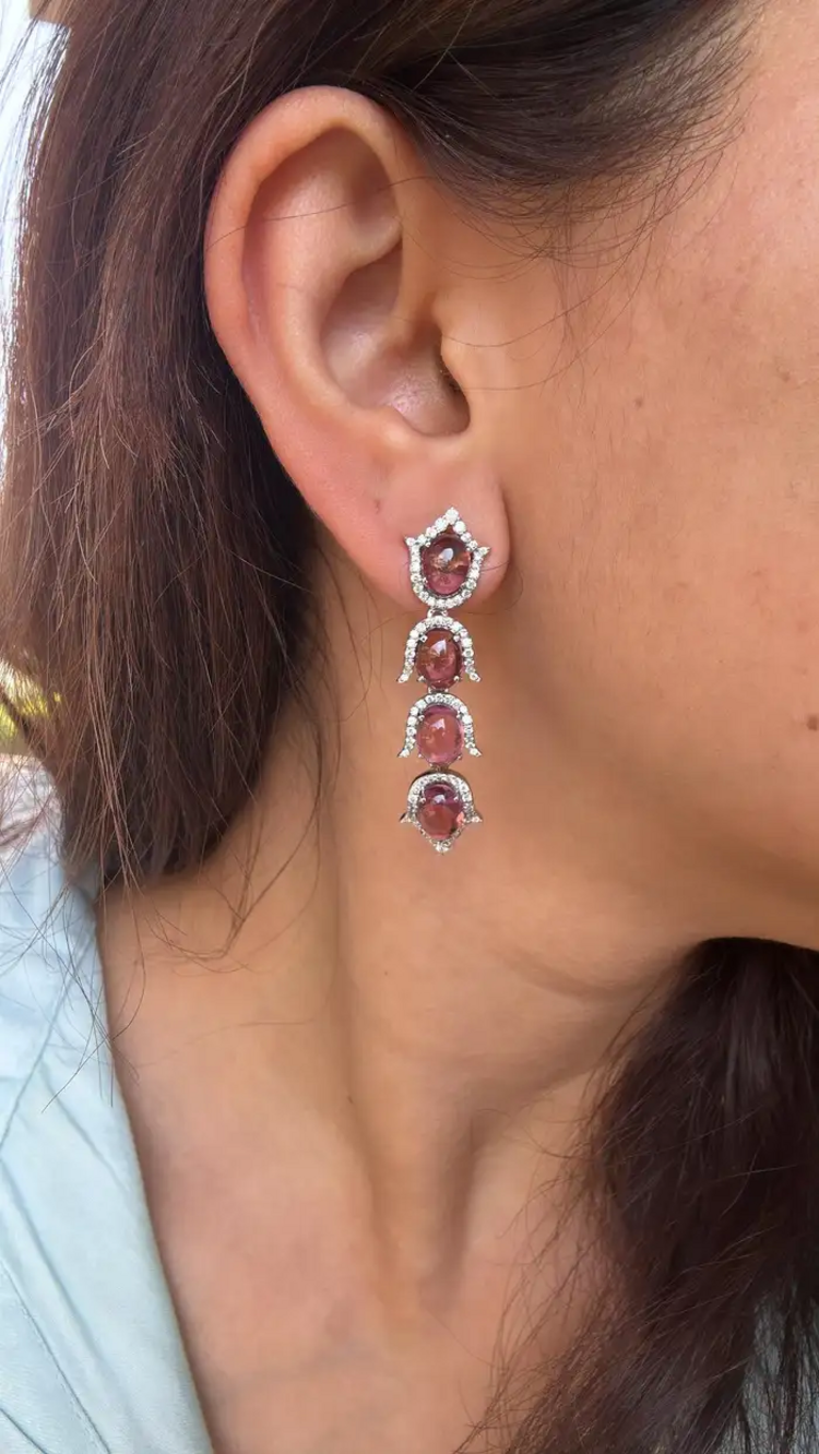 Natural Rubellite Gemstone Dangle Earrings - 18k White Gold Diamond Earrings