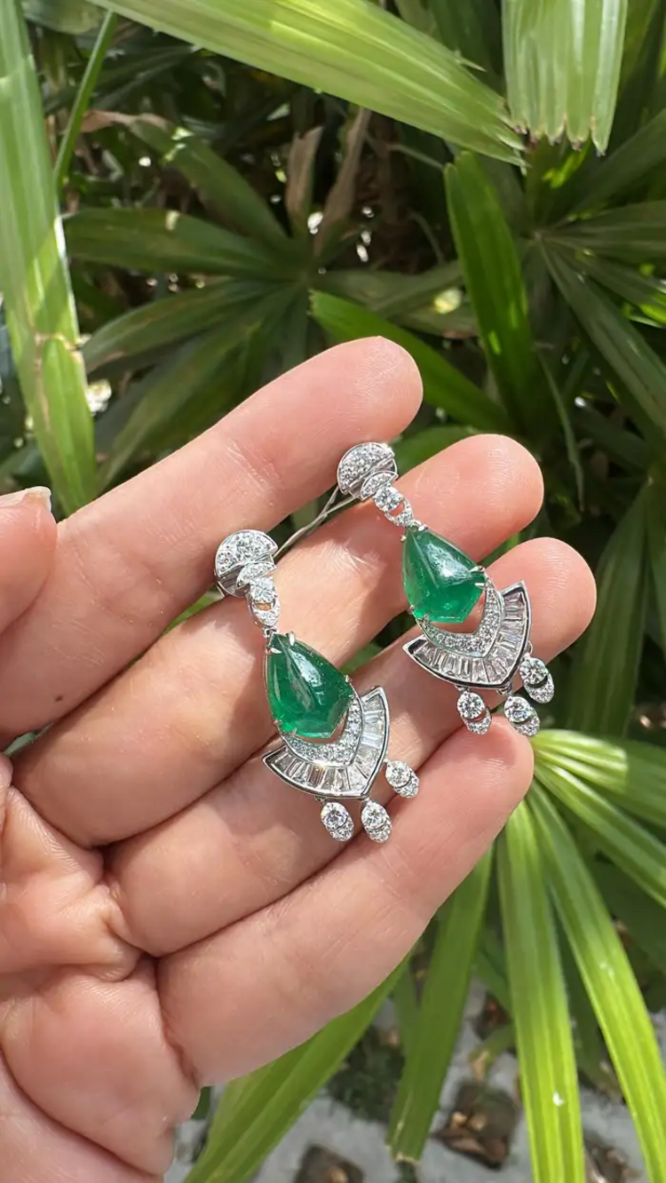 18k White Gold Handmade Dangle Earrings - Natural Zambian Emerald & Diamond Women Earrings