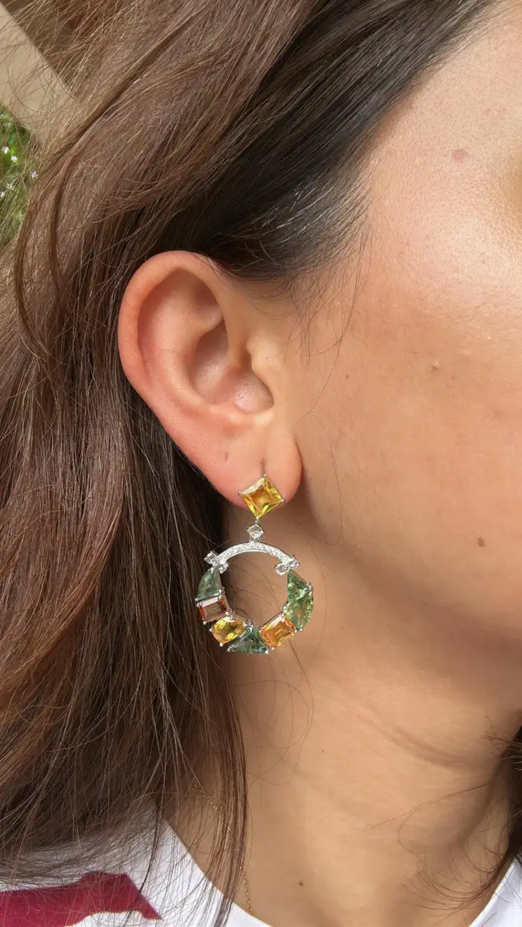 18k White Gold Diamond Earrings - Natural Ceylon Multi Sapphire Dangle Earrings