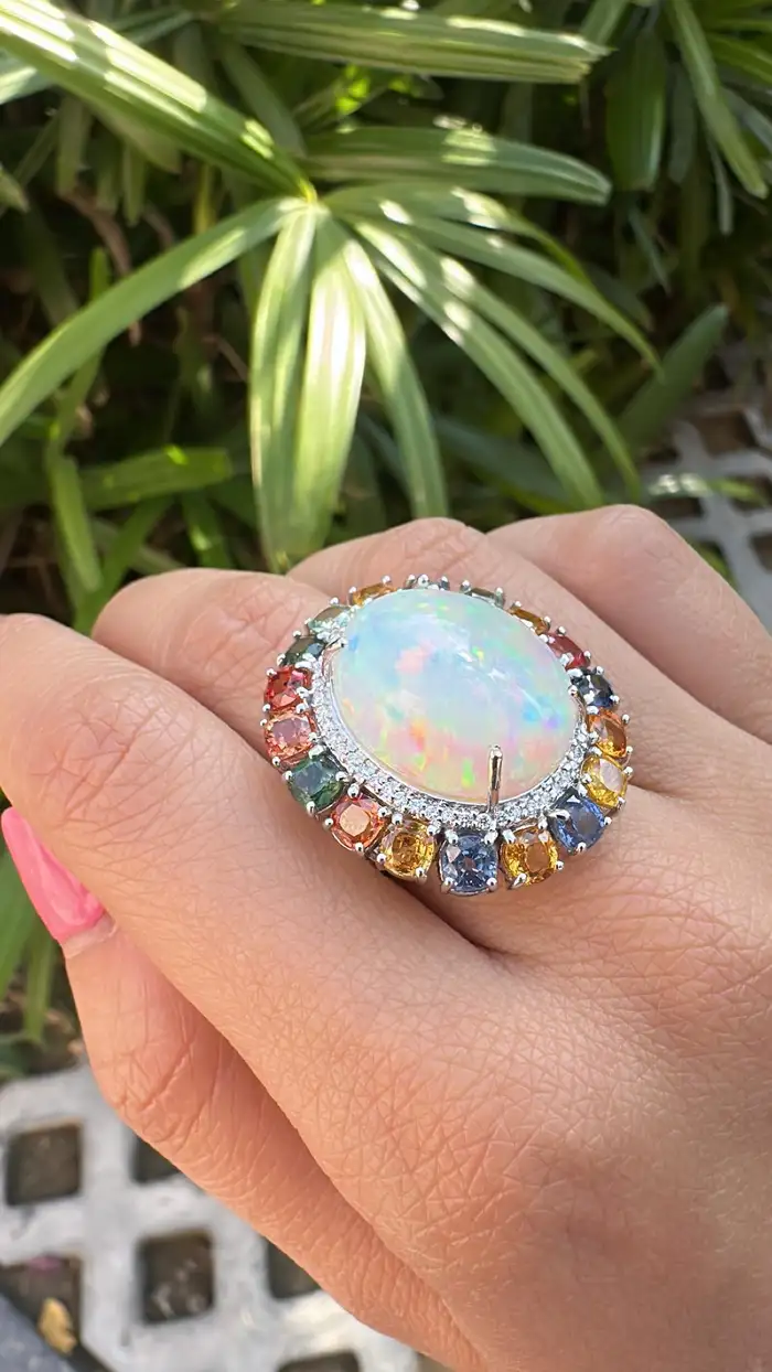 Natural Ethiopian Opal 18k White Gold Statement Ring - Ceylon Multi Sapphire & Diamond Wedding Ring