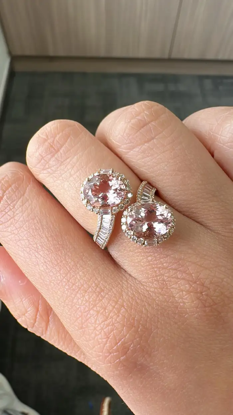 Natural Morganite & Tapered Diamond Wrap Ring - Handmade 18k Rose Gold Toi et Moi Ring