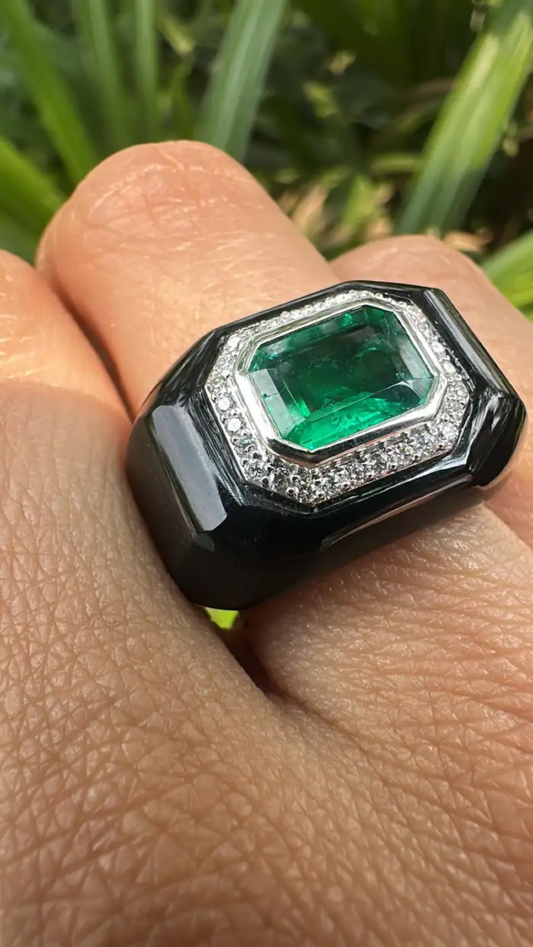 18k White Gold Diamond Ring - Natural Zambian Emerald & Black Onyx Wedding Ring
