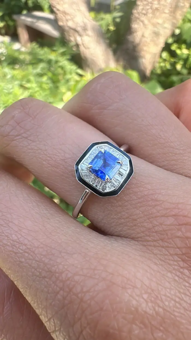 Natural Blue Sapphire & Black Enamel Ring - 18k White Gold Diamond Engagement Ring