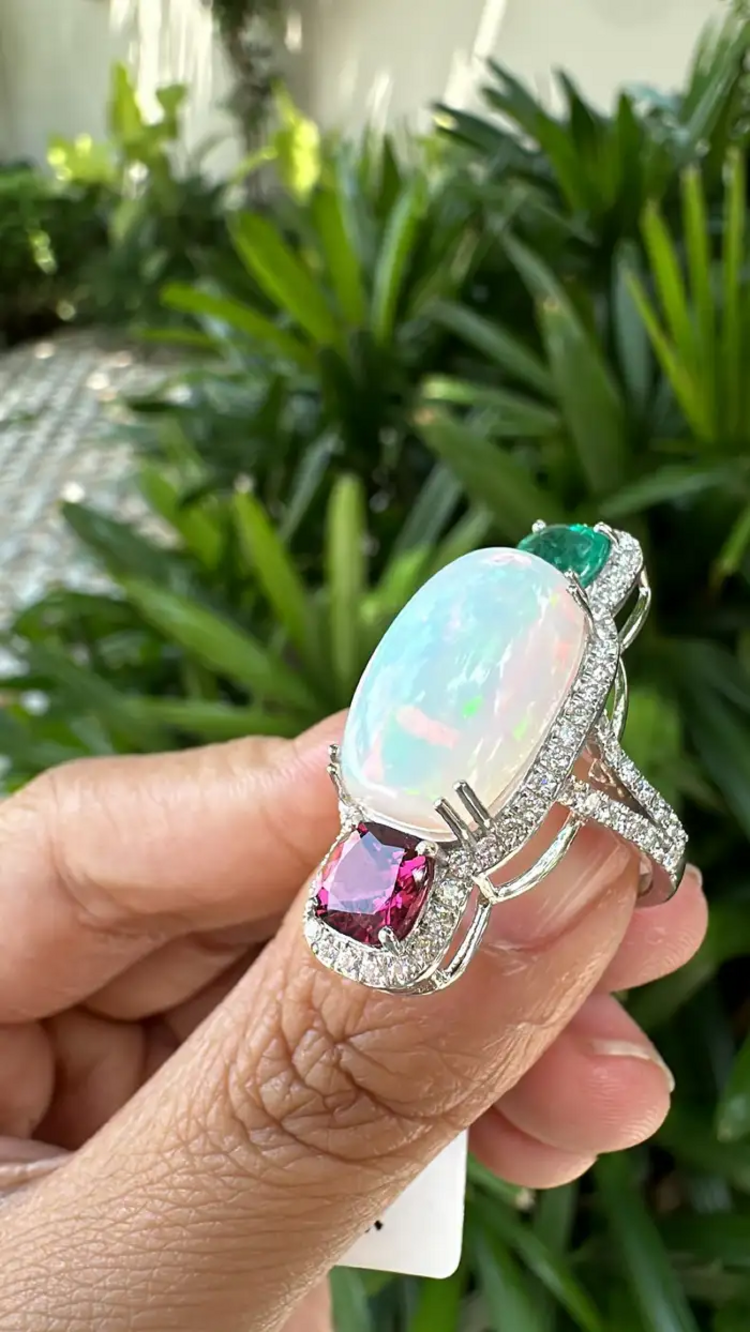 0.84 Ct. Round Cut Diamond 18k White Gold Wedding Ring Natural Ethiopian Opal, Zambian Emerald & Rubellite Gemstone Jewelry Gift