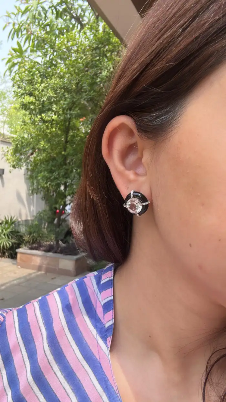 Natural Morganite & Black Onyx Stud Earrings - 18k Gold Diamond Round Tiny Stud Earrings
