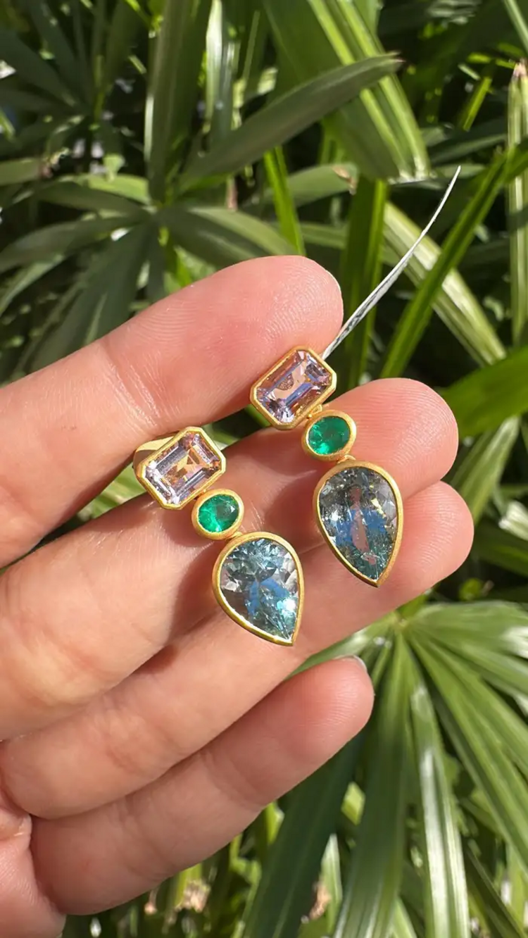 18K Yellow Matte Gold, Aquamarine, Emerald & Morganite Dangle Earring