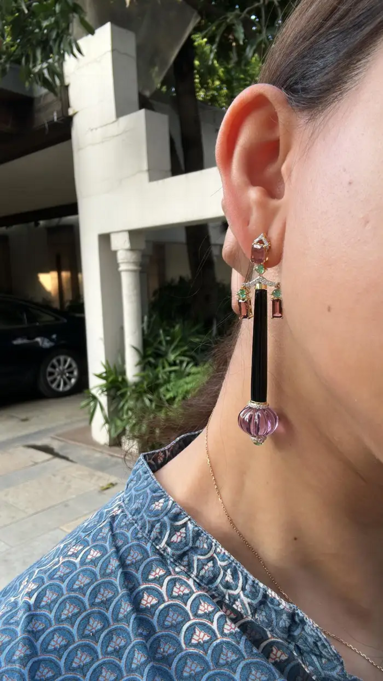 Natural Amethyst , Tourmaline & Black Onyx Dangle Earrings - 18k Yellow Gold Diamond Earrings