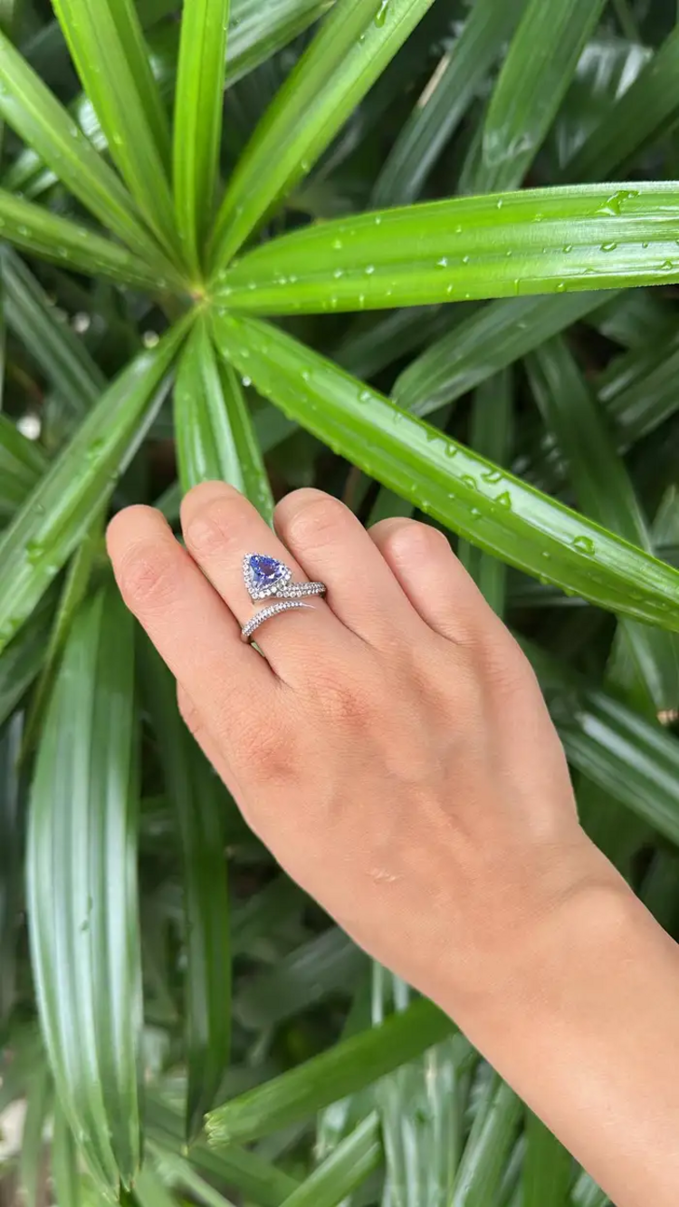 1.58 Ct. Trillion Shape Tanzanite Wrap Ring - 18k White Gold Diamond Handmade Ring