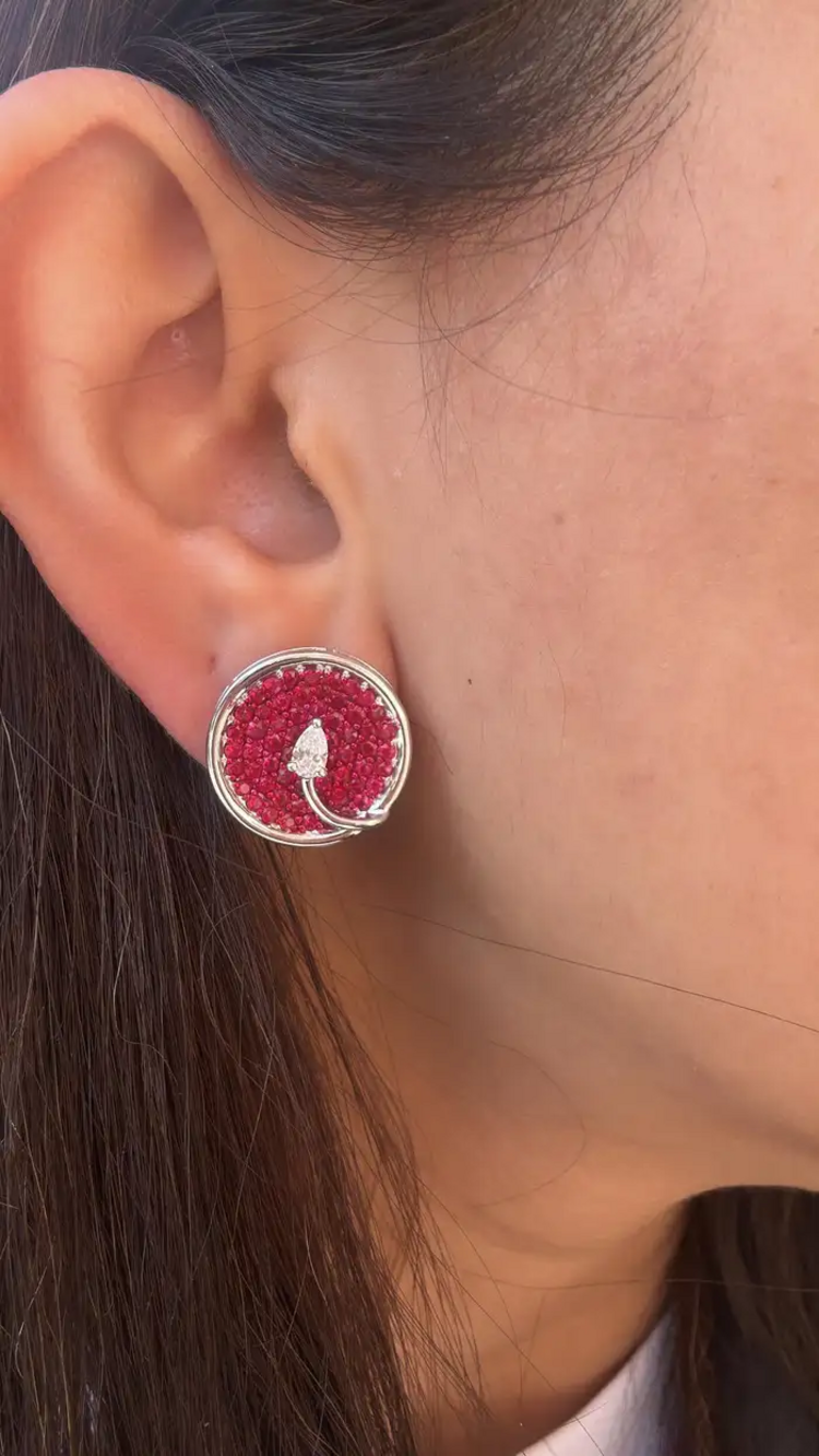 Natural Ruby Gemstone Round Stud Earrings - 18k White Gold Diamond Tiny Earrings