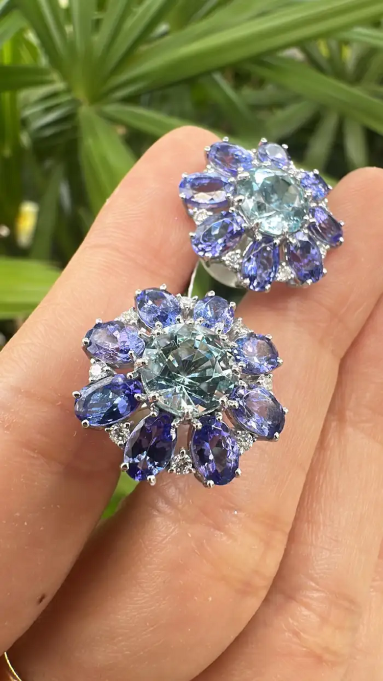 Natural Aquamarine & Tanzanite Gemstone Stud Earrings - 18k White Gold Diamond Handmade Earrings