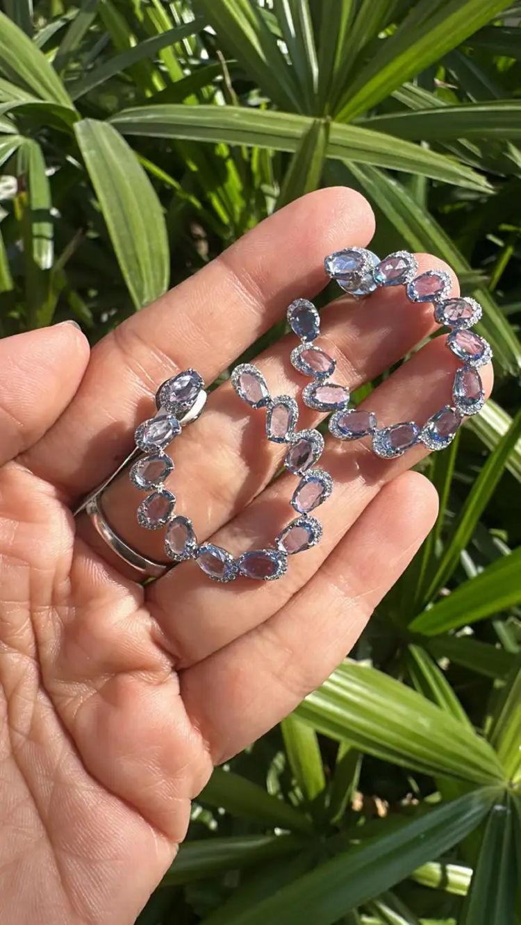 Natural Ceylon Blue Sapphire & Diamond Hoop Earrings - Solid 18k White Gold Handmade Earrings