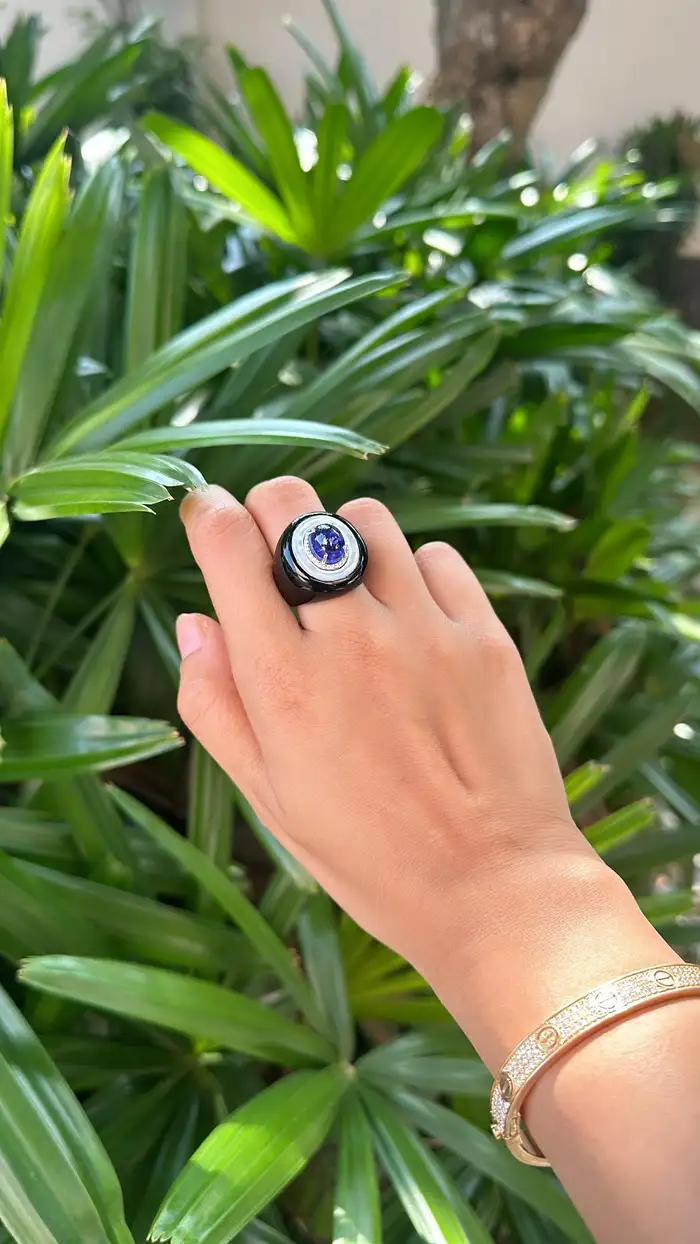 18k White Gold Ring - Natural Tanzanite & Mother Of Pearl Ring - Gold Diamond Cocktail Ring - Black Onyx Ring - Diamond Women Ring