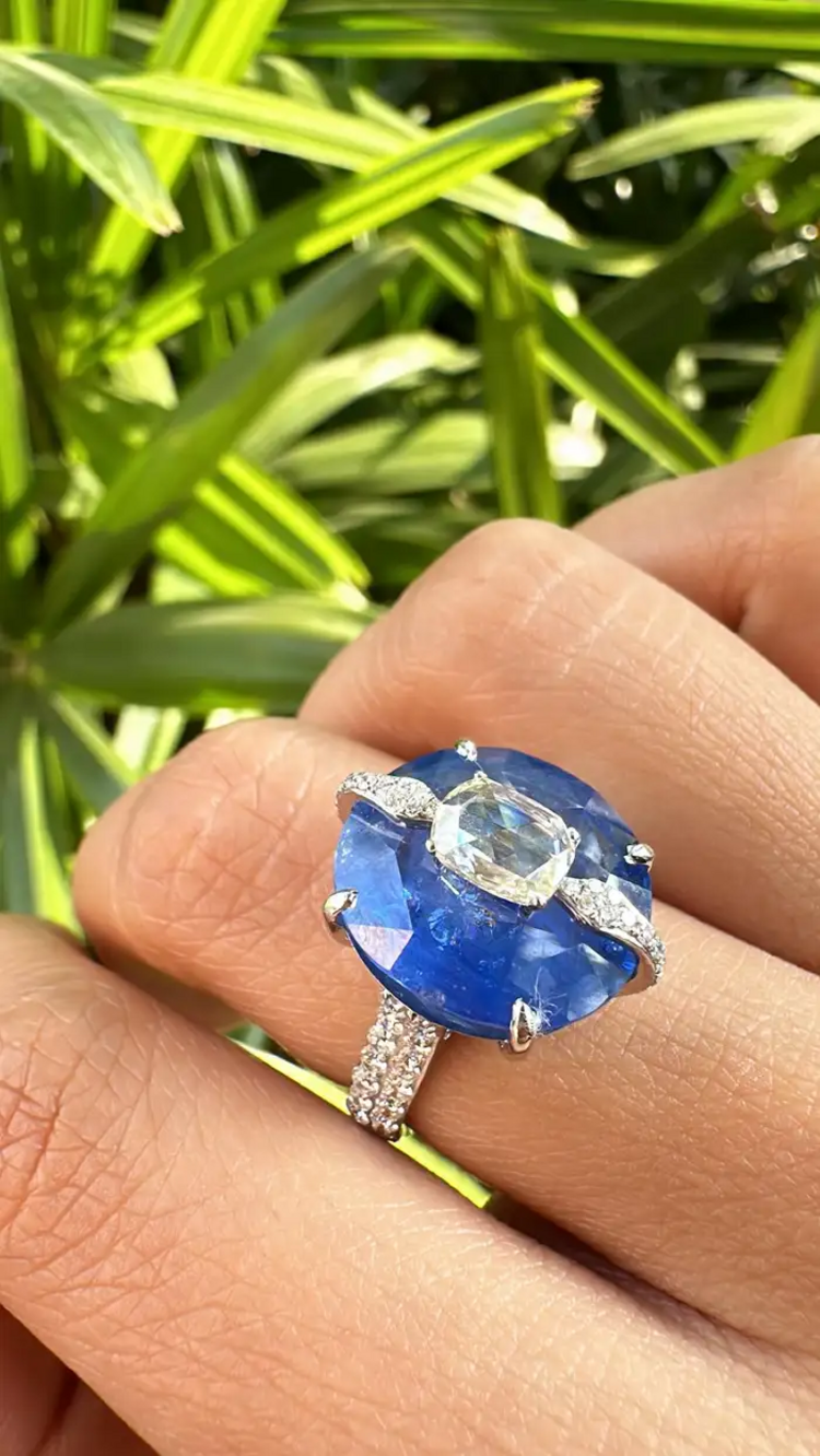13.38 Ct. Round Cut Blue Sapphire Gemstone Ring - 18k White Gold Wedding With Rose Cut Diamonds