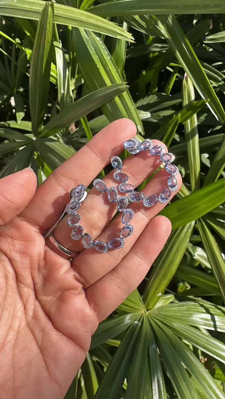 Natural Ceylon Blue Sapphire & Diamond Hoop Earrings - Solid 18k White Gold Handmade Earrings