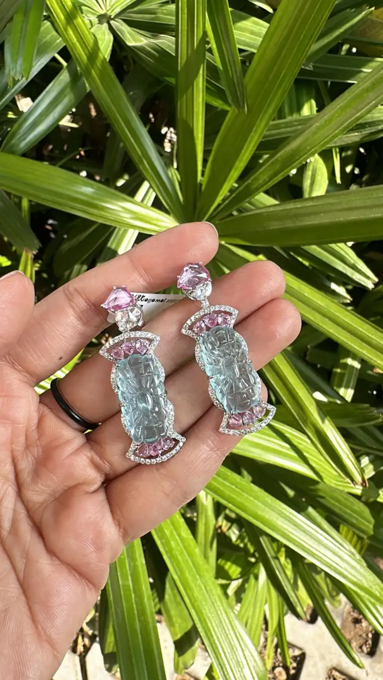 White Gold 18k Earrings - Natural Pink Sapphire & Carved Aquamarine Gemstone Dangle Earrings - Gold Diamond Women Valentine Jewelry