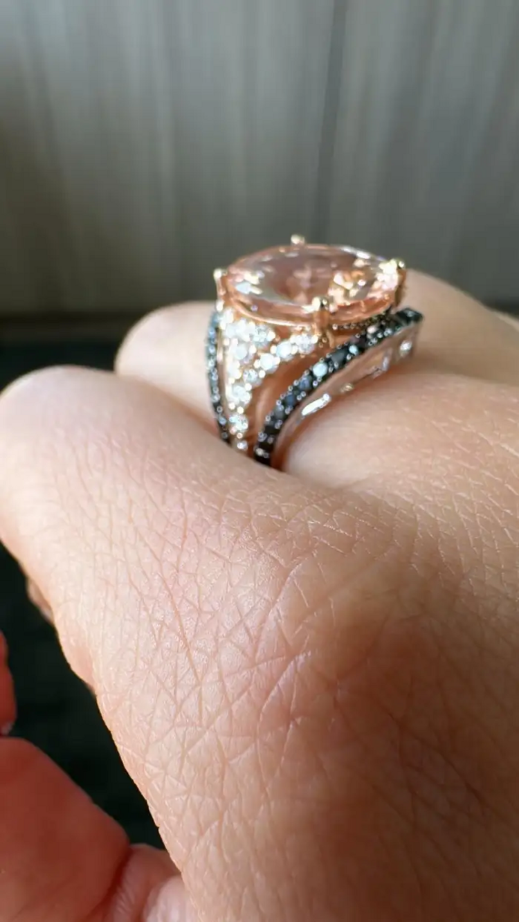 18k Rose Gold Black Diamond Wedding Ring - Natural Morganite & Diamond Wedding Ring