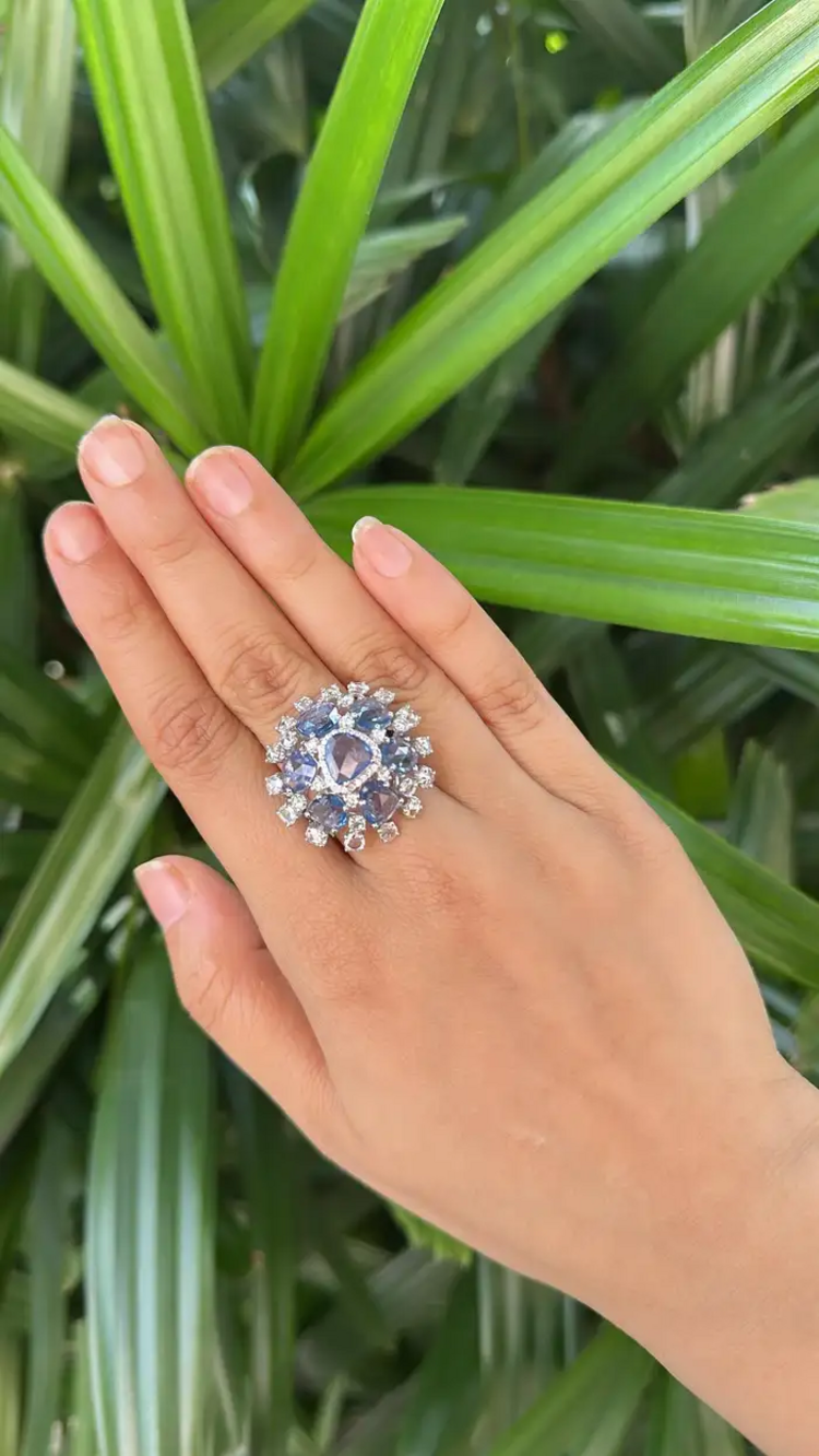 Natural Blue Sapphire & Rose Cut Diamonds Cocktail Ring - Handmade 18k White Gold Ring