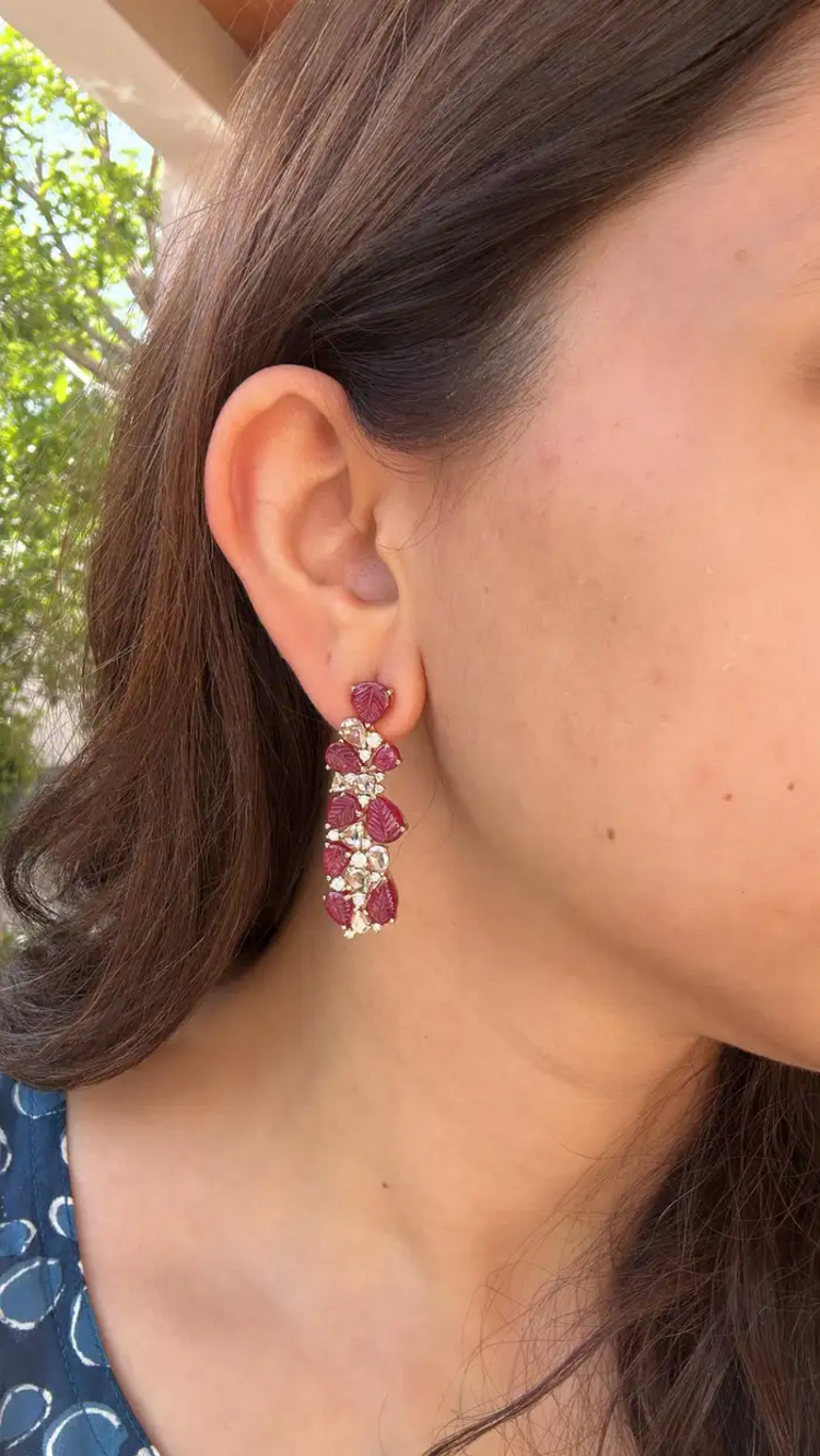 18k Rose Gold Mozambique Ruby Dangle Earrings - Natural Rose Cut Diamond Chandelier Earrings