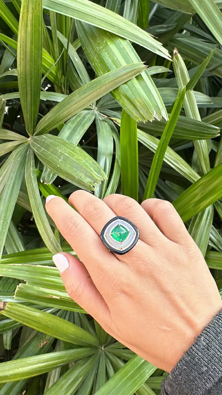 18K Yellow Gold Emerald Ring with Chalcedony, Black Onyx & Diamond Accents – Luxury Statement Jewelry