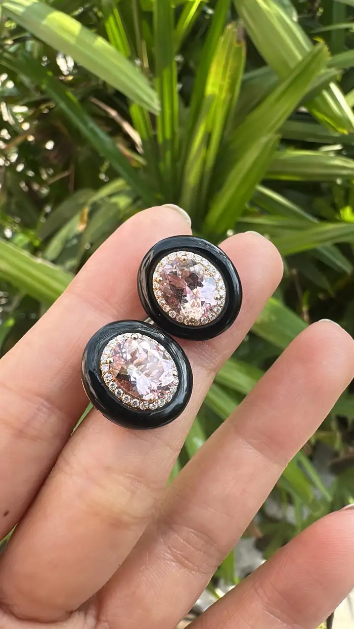 18k Rose Gold Diamond & Morganite Gemstone Stud Earrings - Black Onyx Earrings