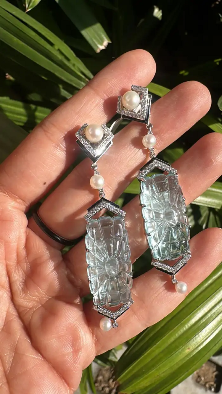Handmade 18k White Gold Dangle Earrings - Natural Diamond & Carved Aquamarine Gemstone Earrings - Freshwater Pearl, Black Enamel Earrings