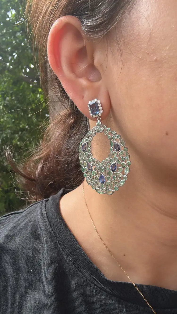 18k White Gold Diamond Art Deco Style Earrings - Natural Blue Sapphire & Zambian Emerald Dangle Earrings