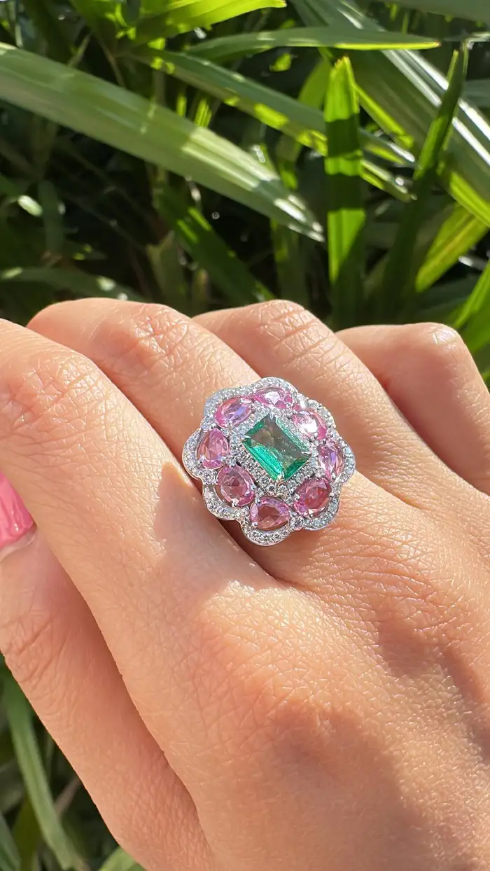 Natural Ceylon Pink Sapphire & Zambian Emerald Gemstone Gold Cocktail Ring - 18k White Gold Diamond Wedding Ring