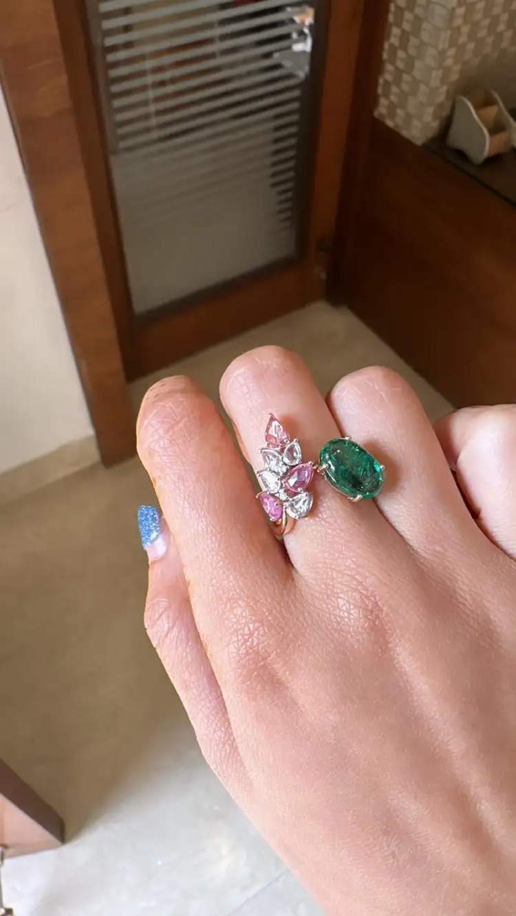 18k Rose Gold Diamond Ring - Natural Zambian Emerald & Pink Sapphire Gemstone Women Ring