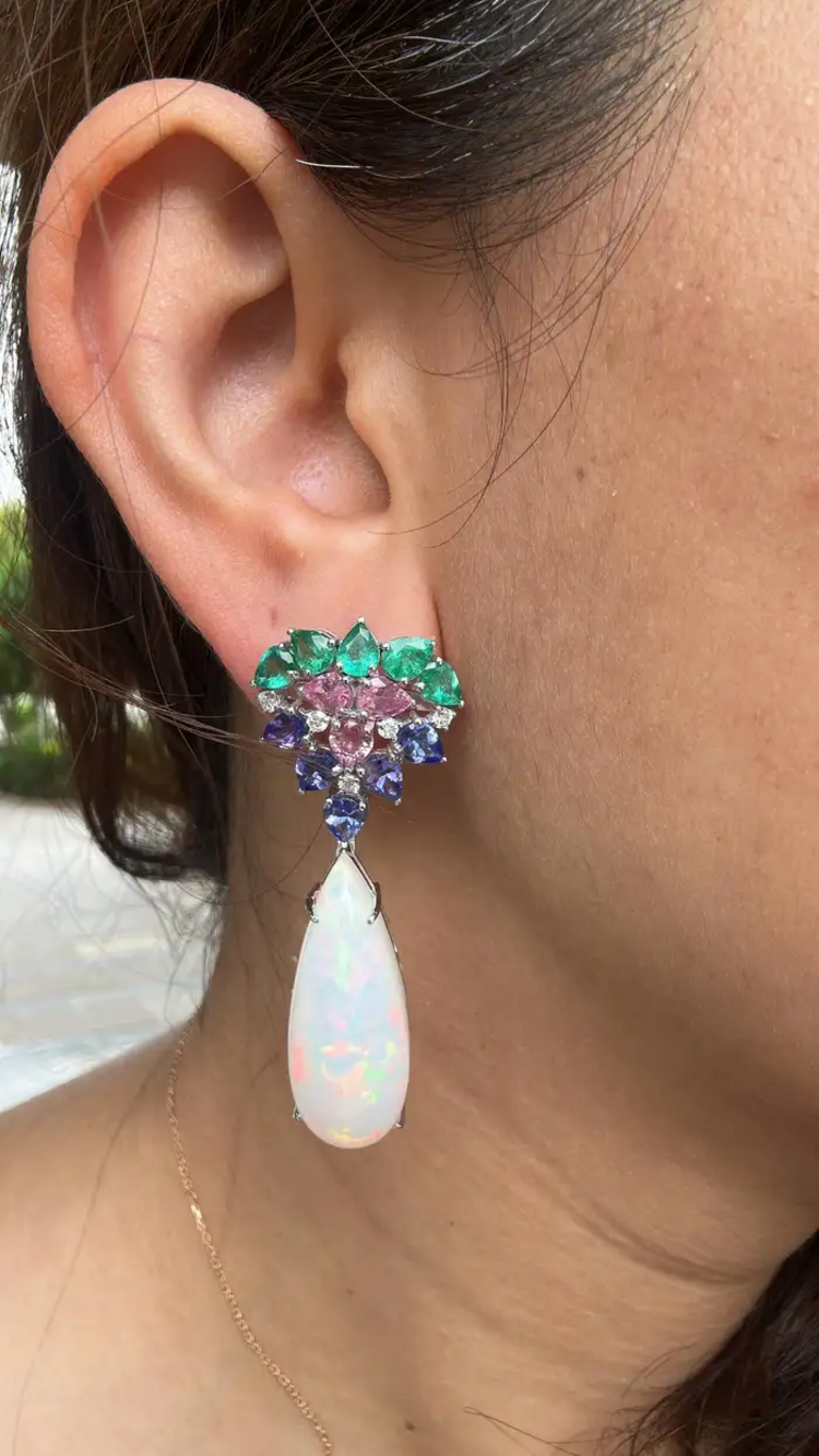 18k White Gold Diamond Dangle Earrings - Natural Zambian Emerald, Ethiopian Opal, Tanzanite & Pink Sapphire Earrings