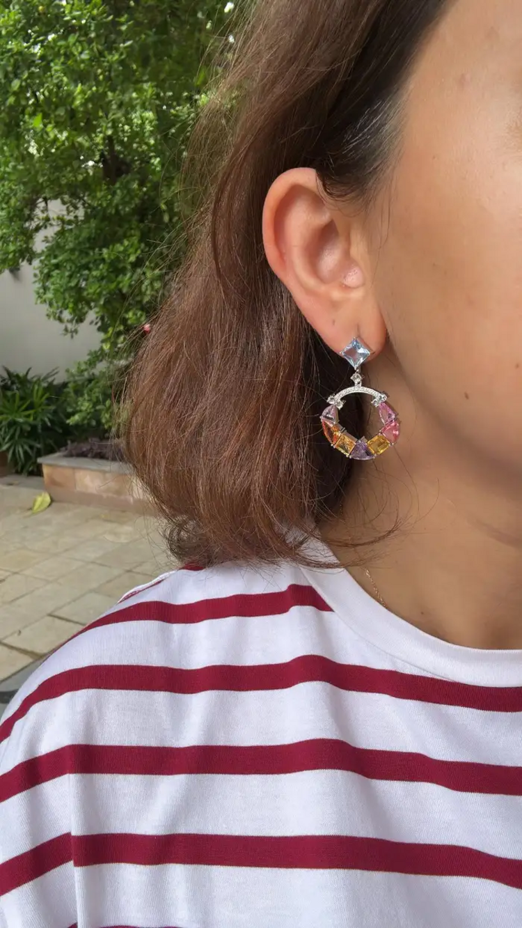 18k White Gold Diamond Earrings - Natural Ceylon Multi Sapphire Dangle Earrings