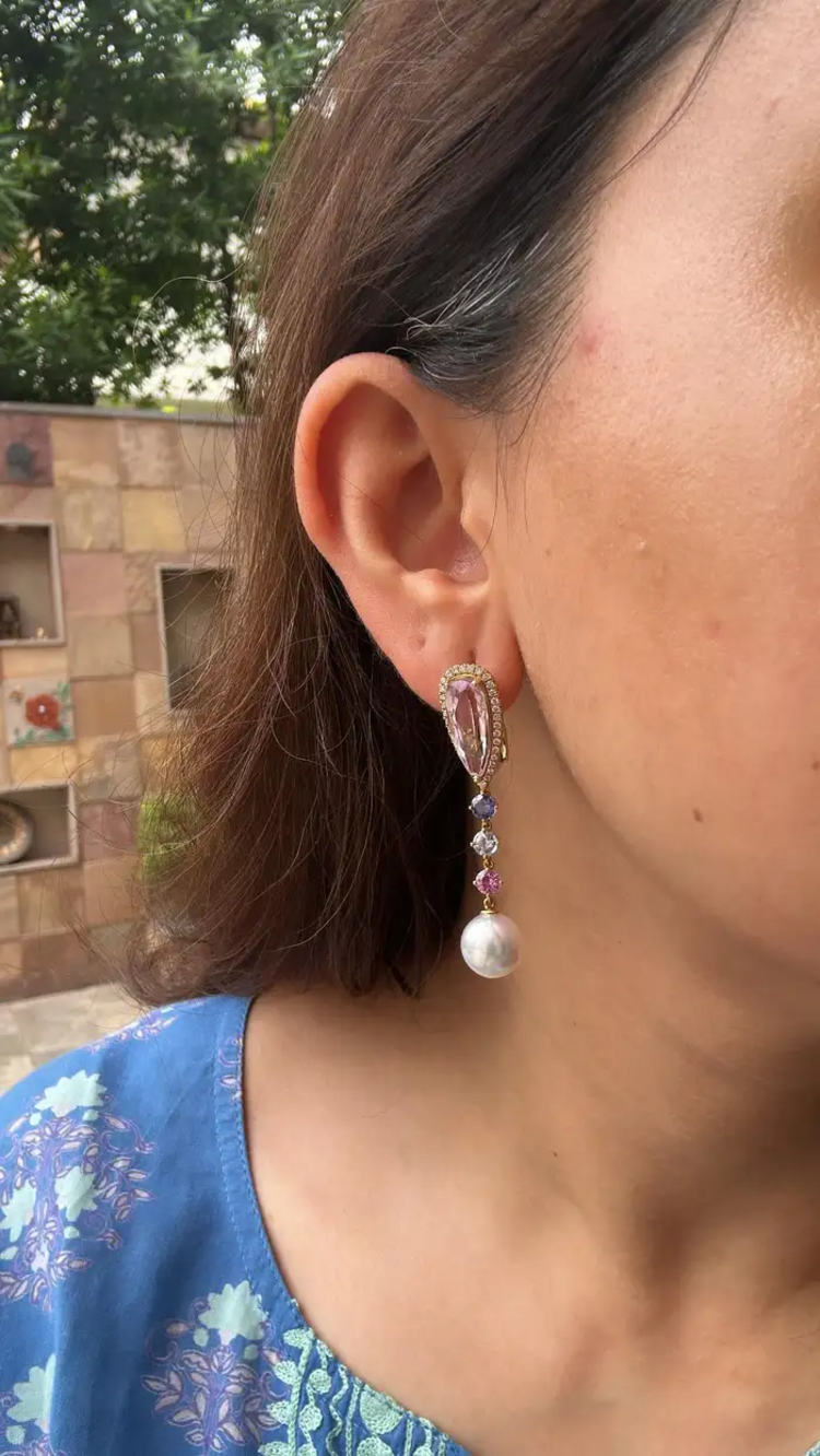 14.32 carat, Kunzite, Multi Sapphire, South Sea Pearl & Diamonds Dangle Earrings
