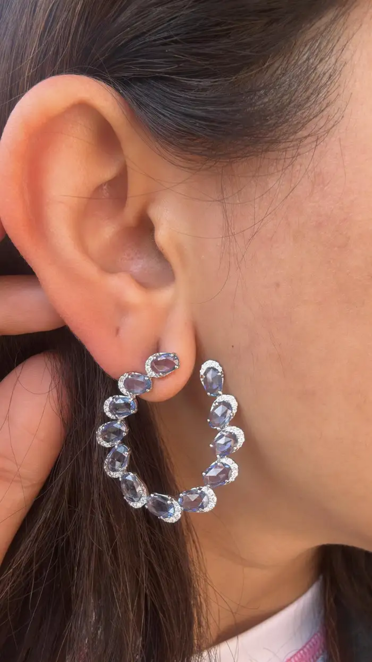 Natural Ceylon Blue Sapphire & Diamond Hoop Earrings - Solid 18k White Gold Handmade Earrings
