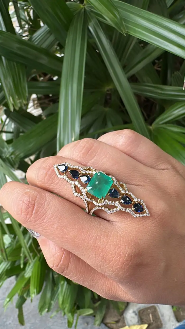 18k Yellow Gold Diamond Handmade Ring - Natural Colombian Emerald & Blue Sapphire Cocktail Ring