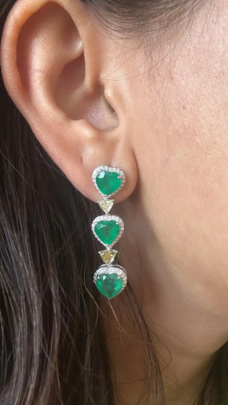 18K Gold, 8.26 carat, natural Zambian Emeralds & Diamonds Dangle Earrings