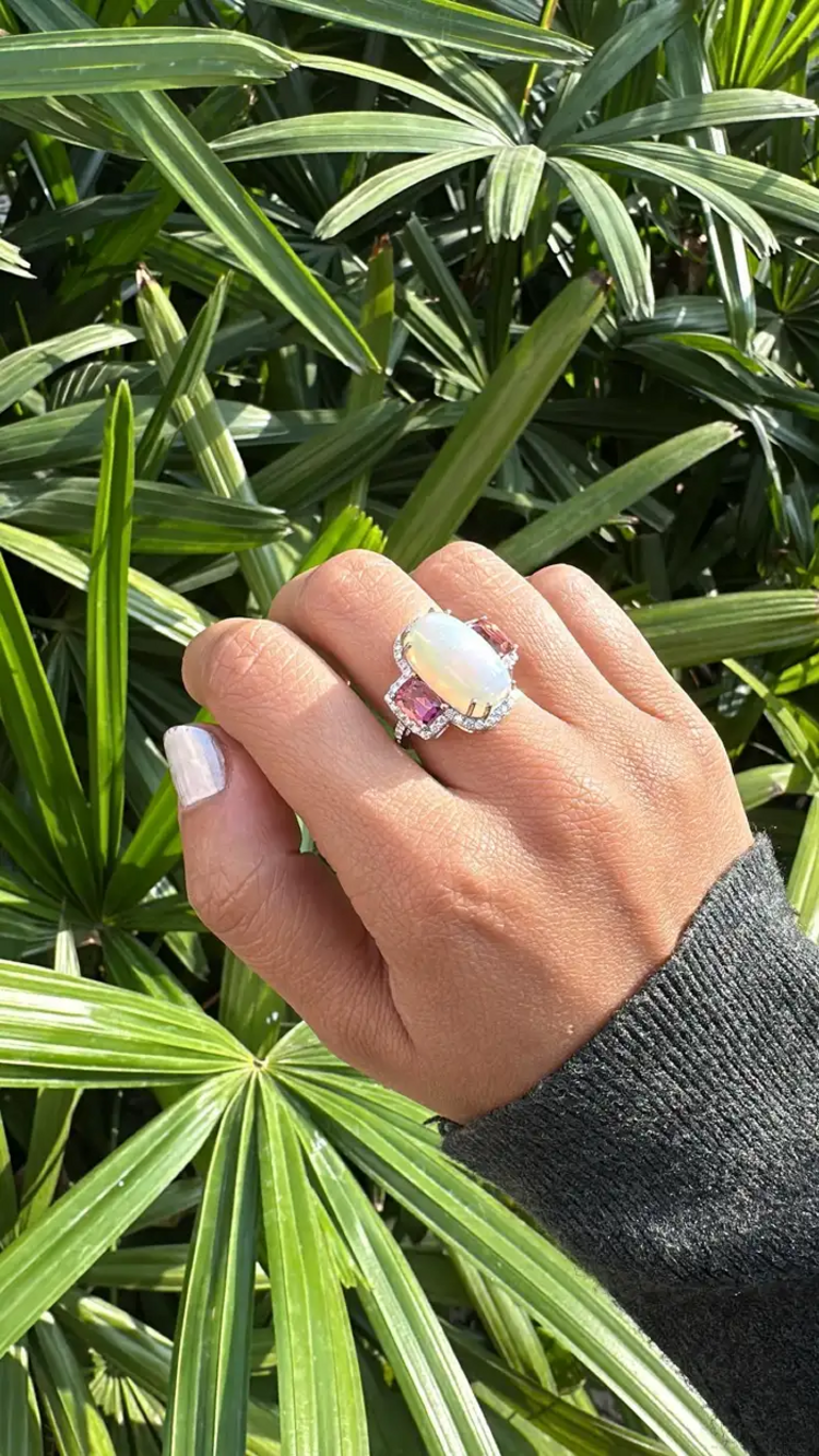 Natural Ethiopian Opal & Rubellite Statement Ring - 18k White Gold Diamond Women Ring