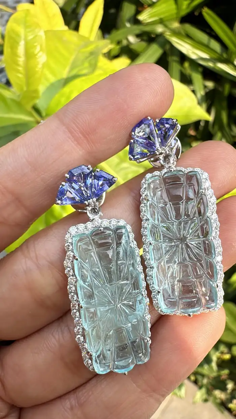 41.37 Ct. Carved Aquamarine Dangle Earrings - 18k White Gold Handmade Earrings - Trillion Cut Tanzanite Earrings