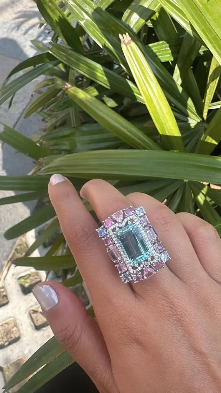 Natural Aquamarine & Multi Sapphire Gemstone Statement Ring - 18k White Gold Diamond Wedding Ring